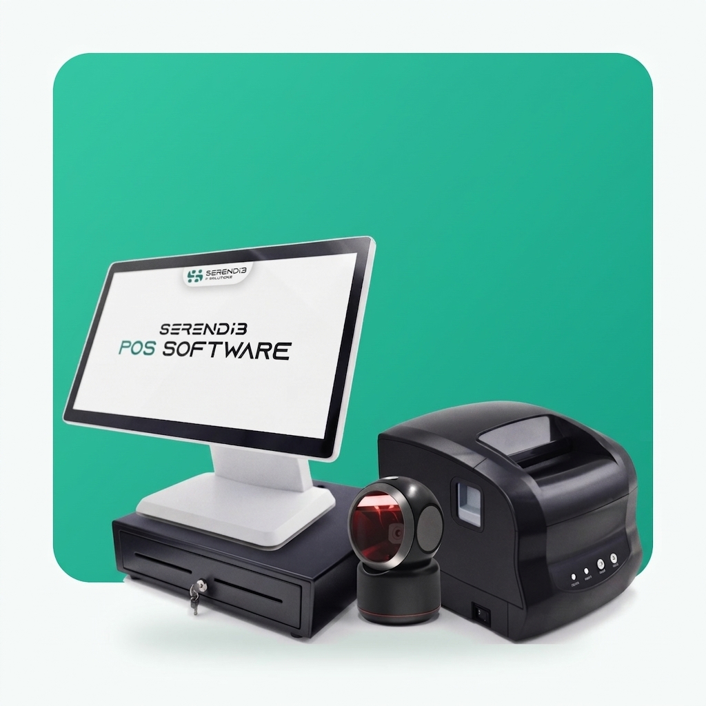 A Serendib counter set: touch POS terminal running Serendib POS software, cash drawer, barcode scanner and bill printer