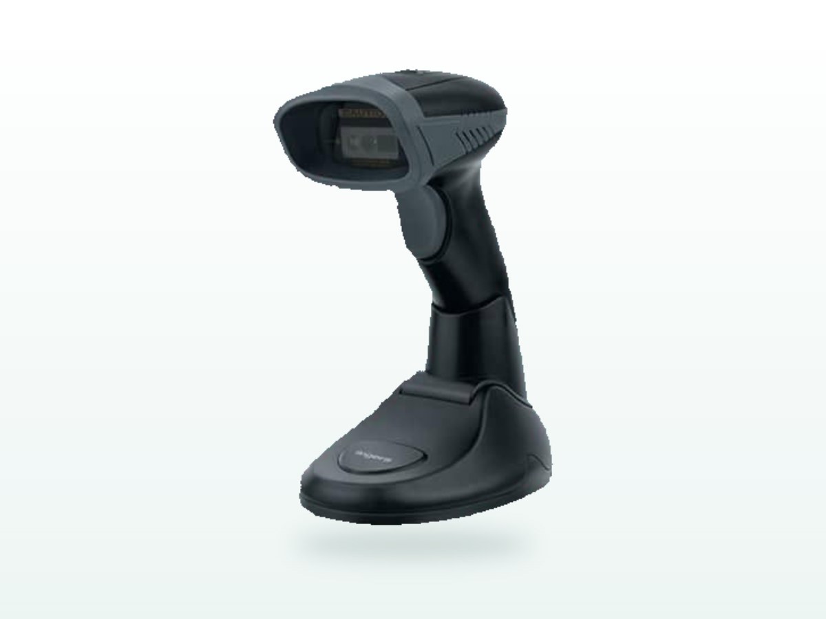 Wireless hand held 2D barcode scanner on its charging stand